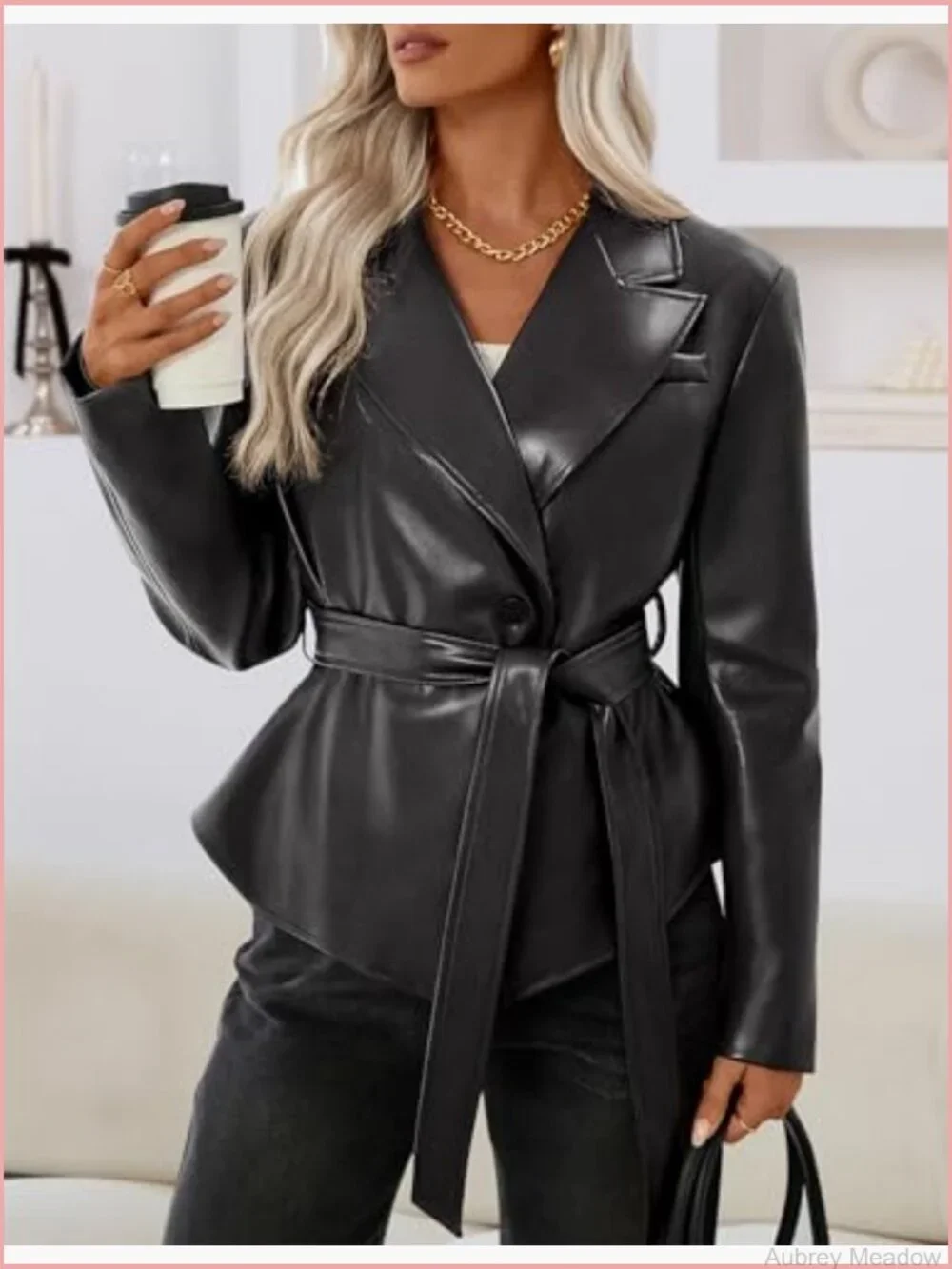 Faux Leather Blazer Jacket with Removable Belt Button Down Notch Lapel
